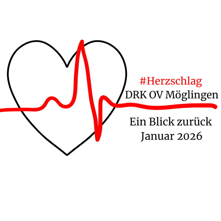 Grafisches Logo des Deutschen Roten Kreuzes Ortsverein Möglingen für den Monatsrückblick „#Herzschlag“. Zu sehen ist ein schwarzes, stilisiertes Herz, durch das sich eine rote EKG-Linie zieht. Rechts daneben steht der Schriftzug „#Herzschlag DRK OV Möglingen – Ein Blick zurück – Januar 2026“.